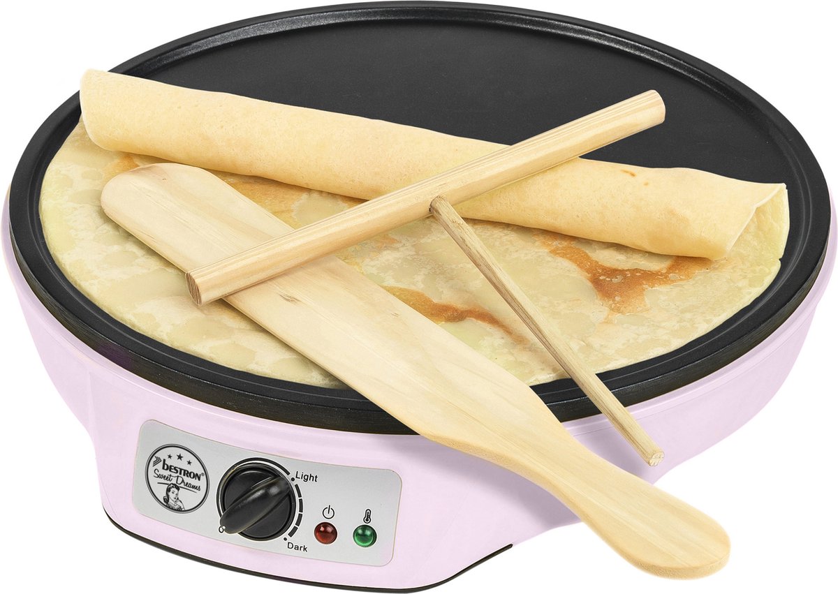 Bestron Crepe Maker voor crêpes met Ø 30cm, pannenkoekenmaker incl. deegverdeler & crêpeskeerder, met antiaanbaklaag & indicatielampje, 1000 Watt, Kleur: roze