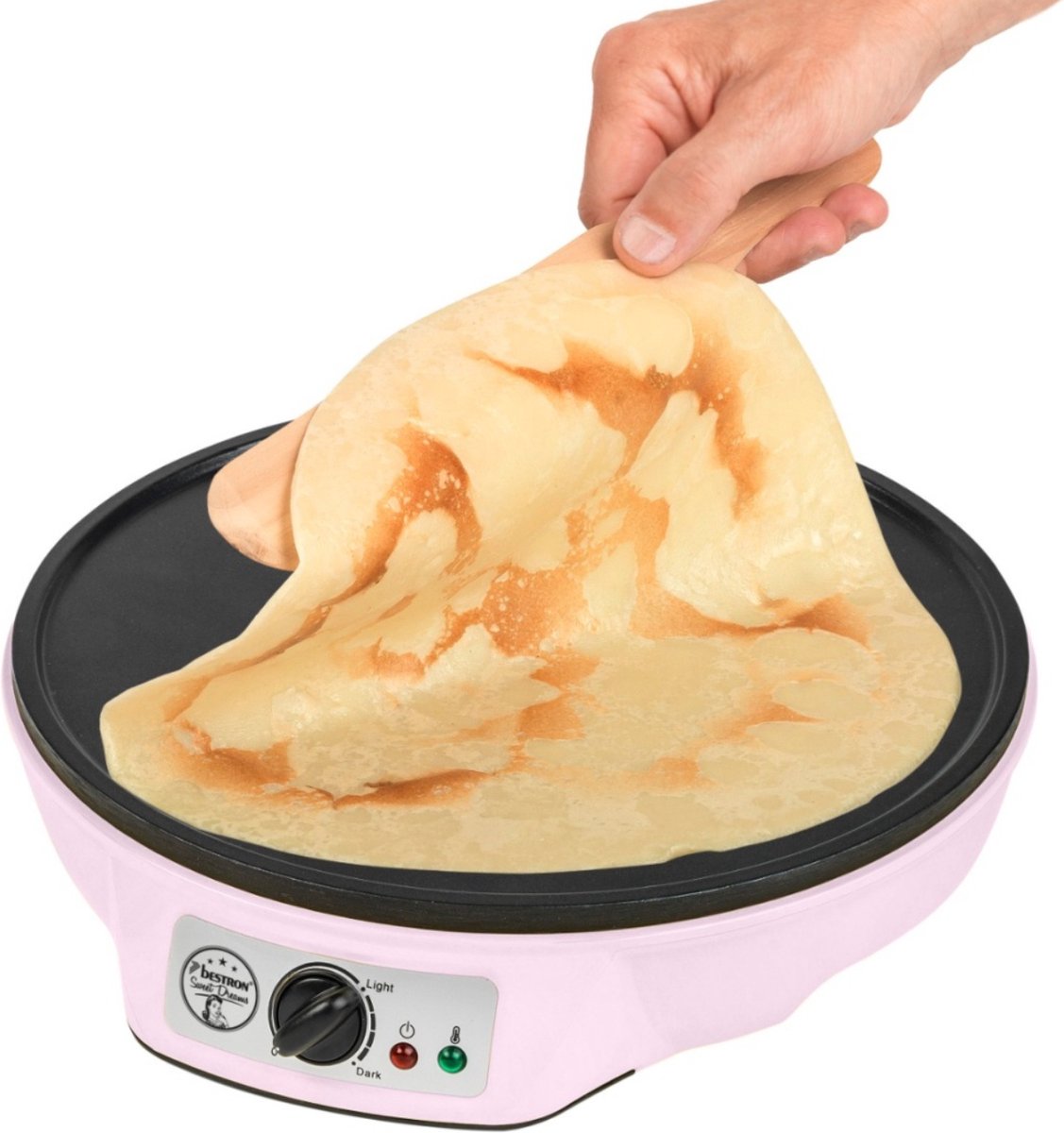 Bestron Crepe Maker voor crêpes met Ø 30cm, pannenkoekenmaker incl. deegverdeler & crêpeskeerder, met antiaanbaklaag & indicatielampje, 1000 Watt, Kleur: roze