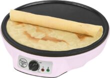 Bestron Crepe Maker voor crêpes met Ø 30cm, pannenkoekenmaker incl. deegverdeler & crêpeskeerder, met antiaanbaklaag & indicatielampje, 1000 Watt, Kleur: roze