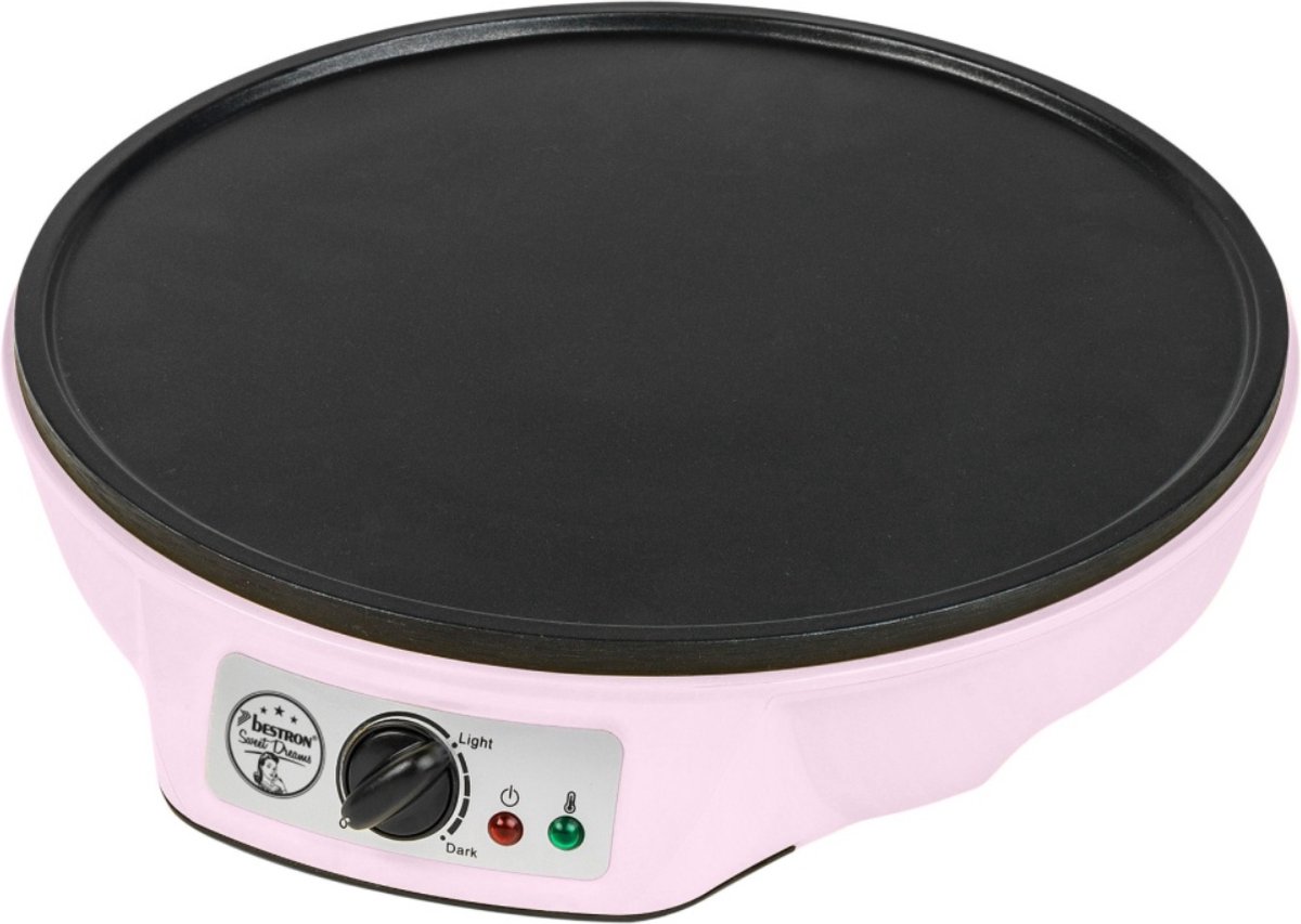 Bestron Crepe Maker voor crêpes met Ø 30cm, pannenkoekenmaker incl. deegverdeler & crêpeskeerder, met antiaanbaklaag & indicatielampje, 1000 Watt, Kleur: roze