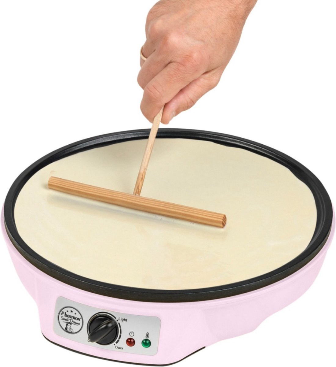 Bestron Crepe Maker voor crêpes met Ø 30cm, pannenkoekenmaker incl. deegverdeler & crêpeskeerder, met antiaanbaklaag & indicatielampje, 1000 Watt, Kleur: roze